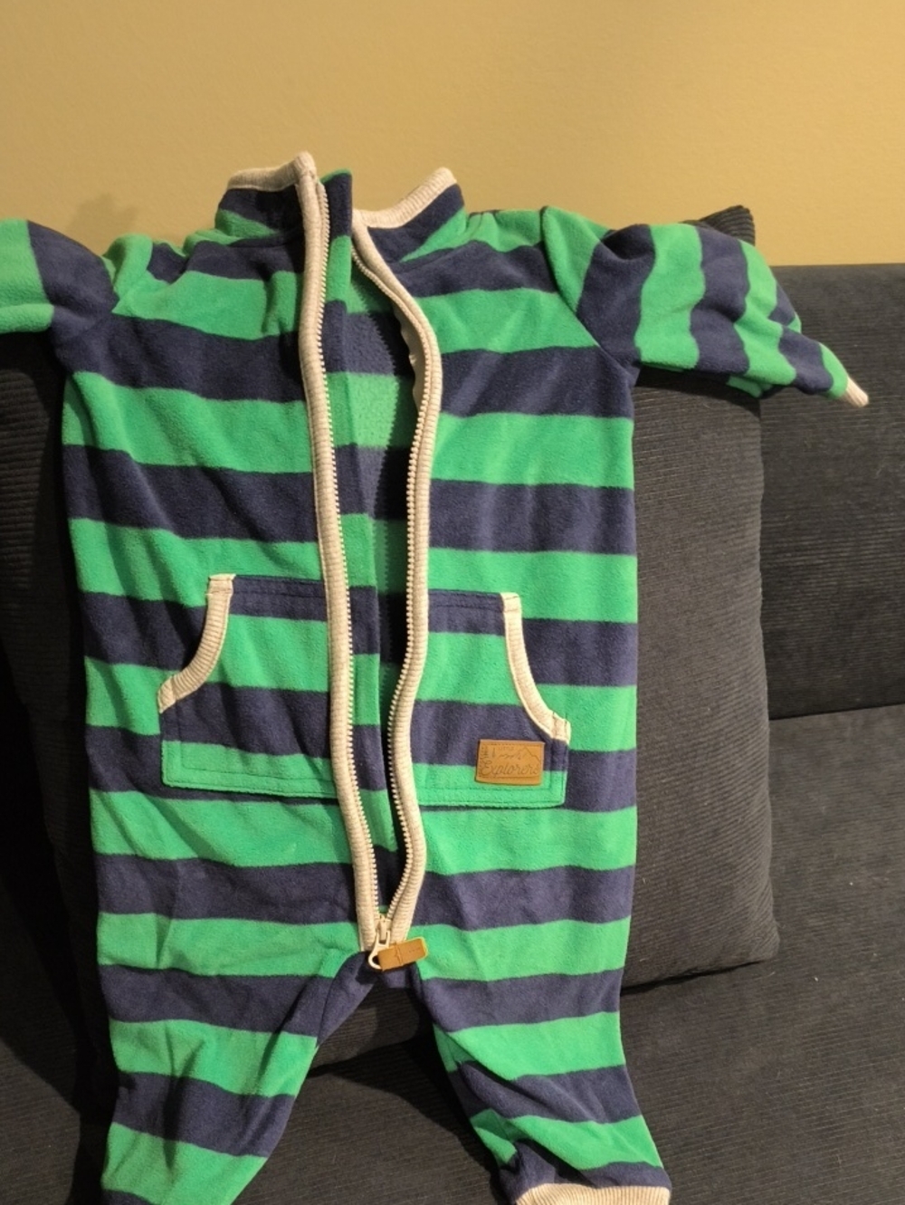 Carter's Green and Navy Striped Zip-Up Footie One-Piece